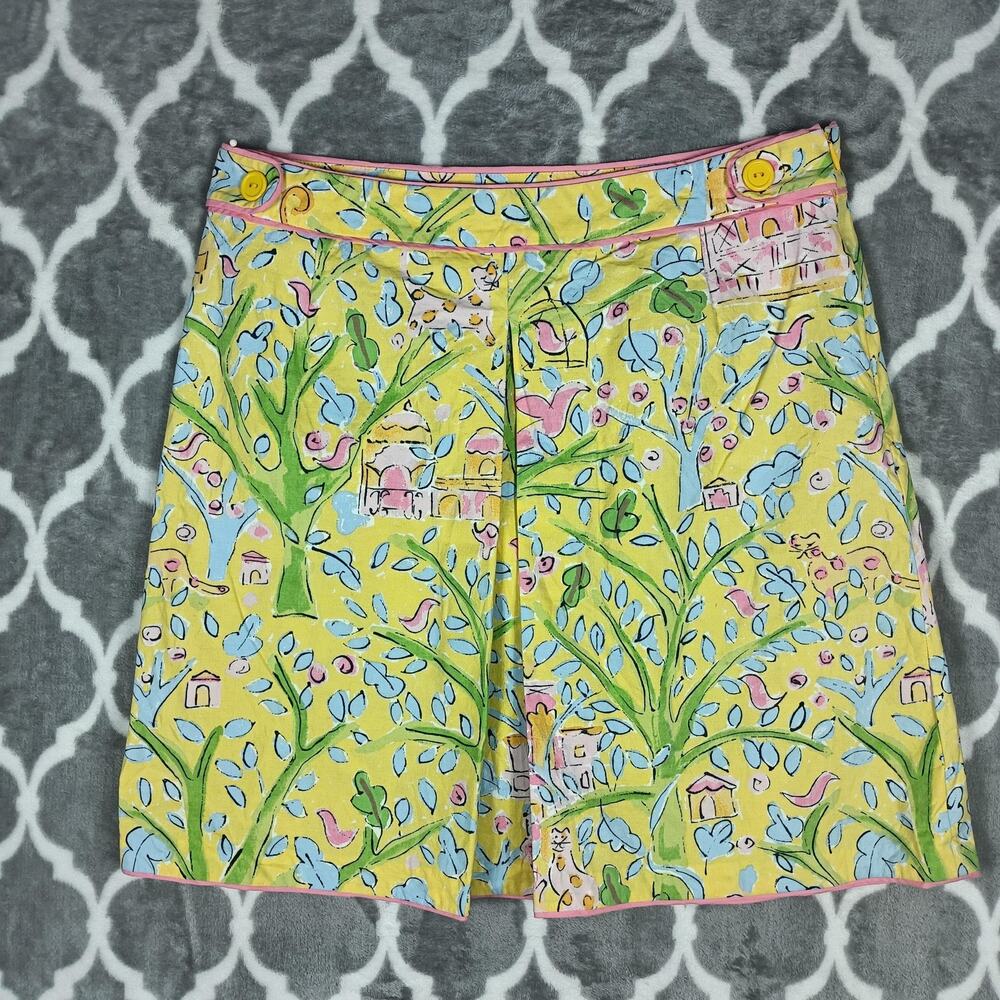 Pamela Ferrari Novelty Print Skirt Size 8 Yellow Cottagecore Birds Cats Pastel